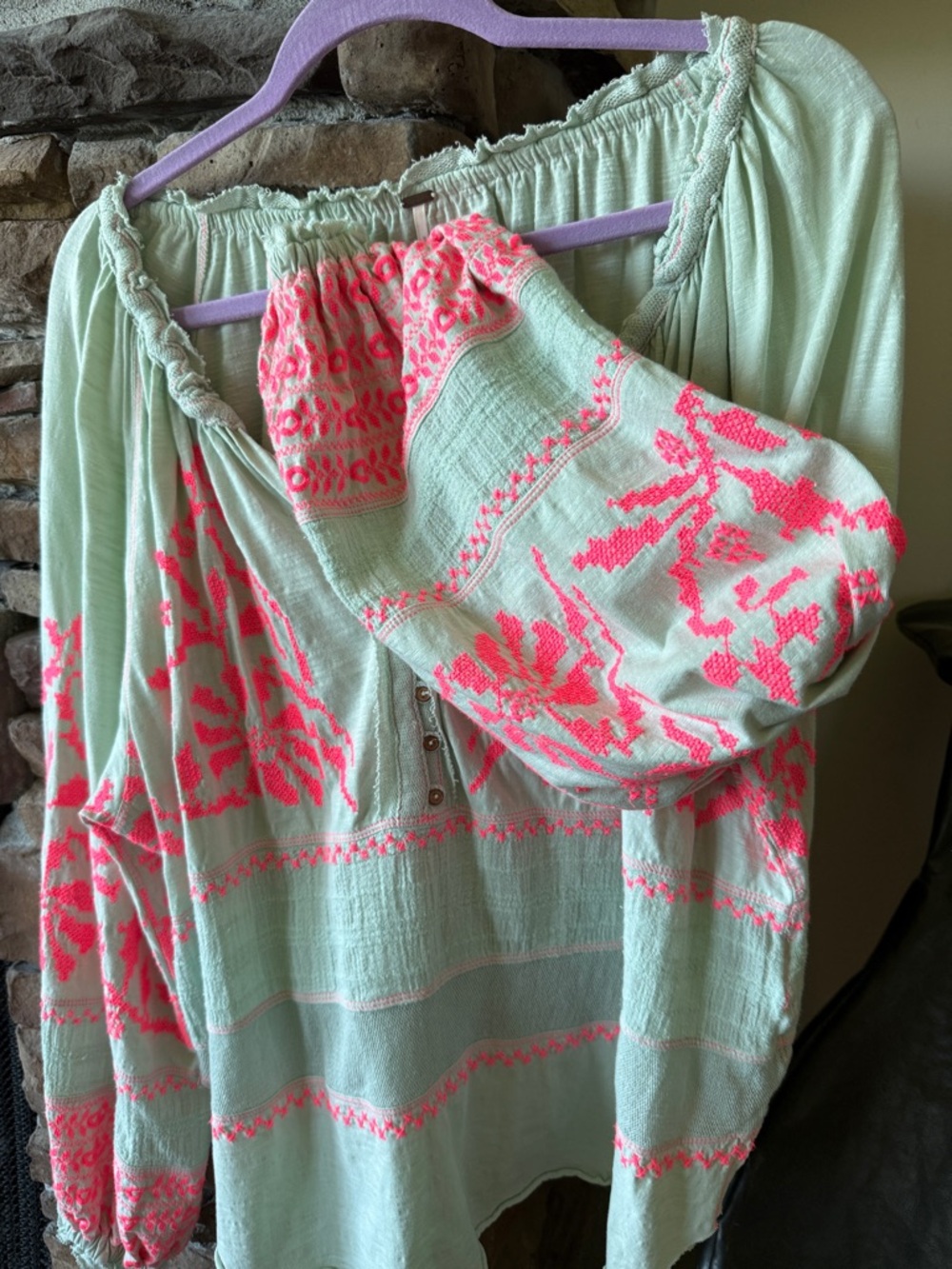 Free People Mint Green Peasant Blouse with Neon Pink Embroidery - Picture 4 of 11